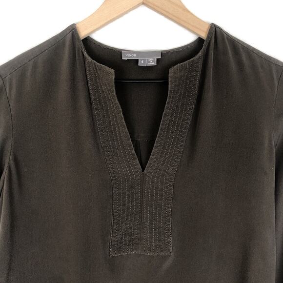 VINCE 100% Silk Tunic Top Women's Sz 4 Brown Long Sleeve Popover V-Neck Luxury - Picture 2 of 12